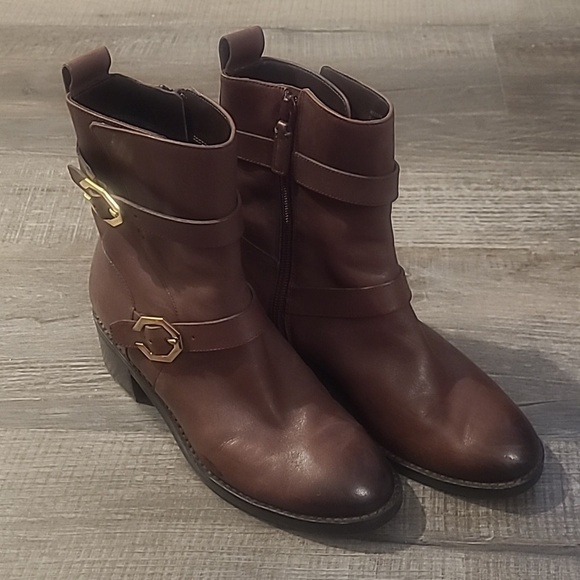 Shoes - Cole Haan Leela Grand Moto Leather Ankle Boots Gold Straps Women Sz 5.5B
